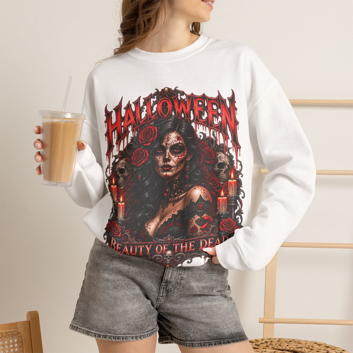 Beauty of the Dead Gothic Portrait Sweatshirt in White — model view