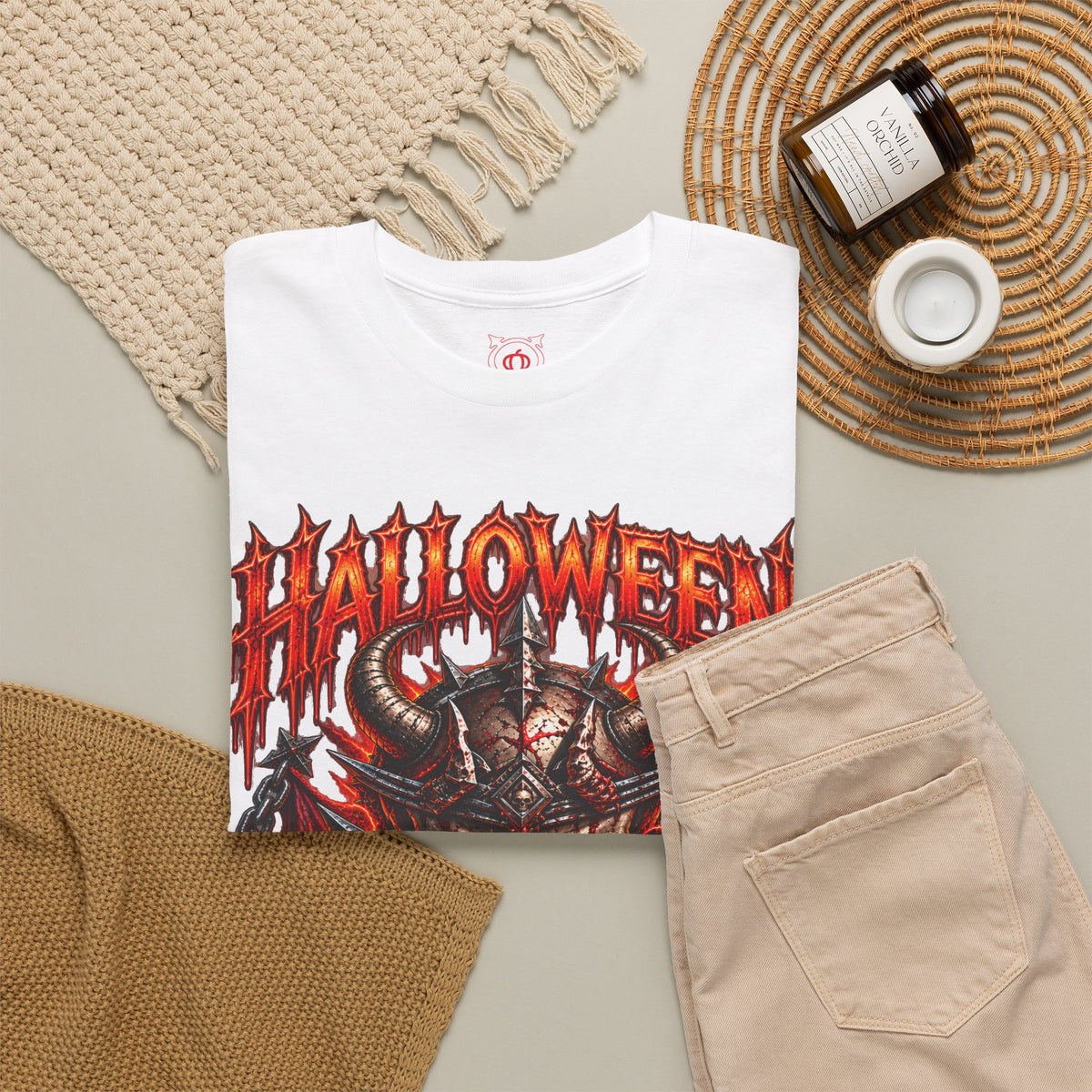 Hell Is Coming Horned Skull T-Shirt in White — folded view