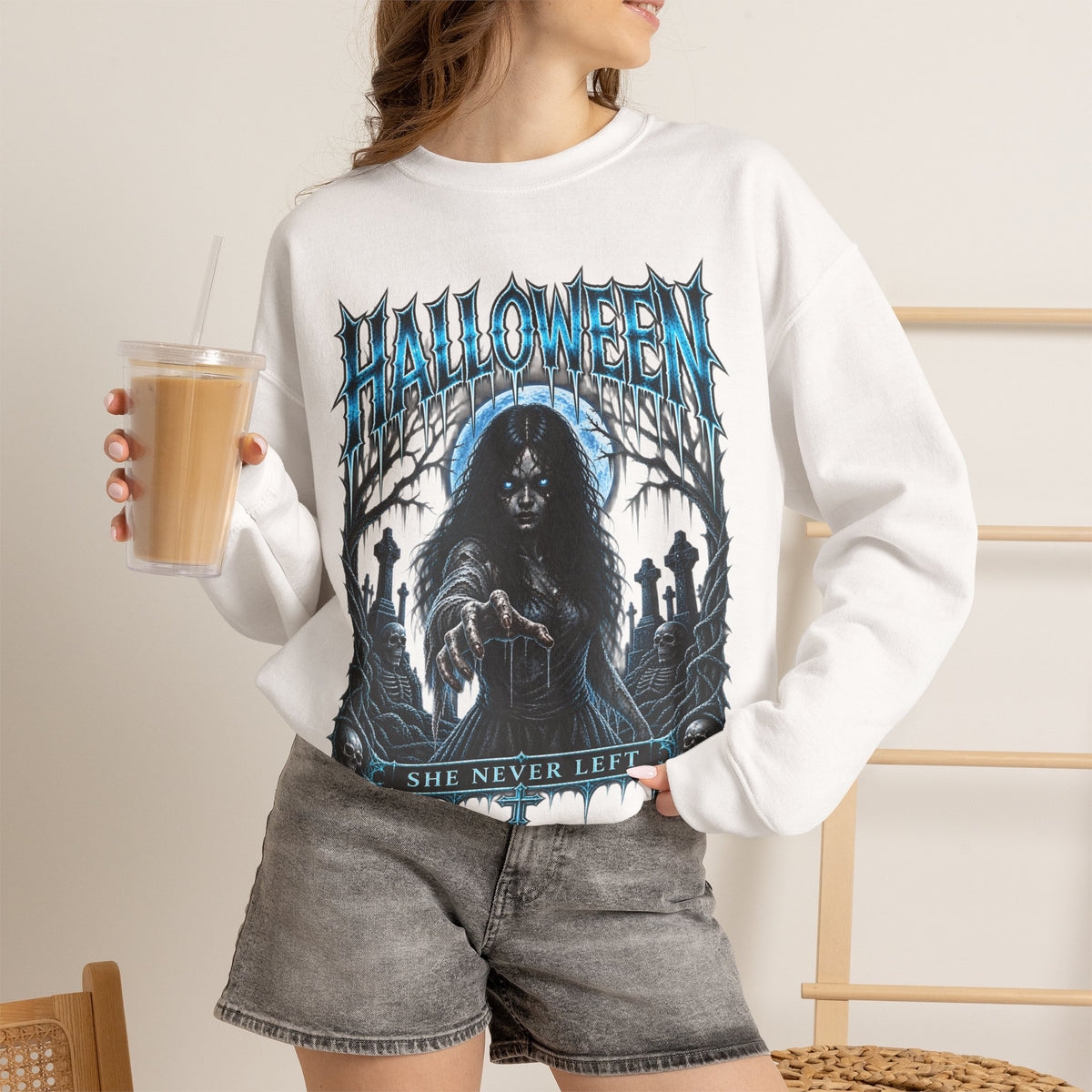 She Never Left Ghost Sweatshirt in White — model view