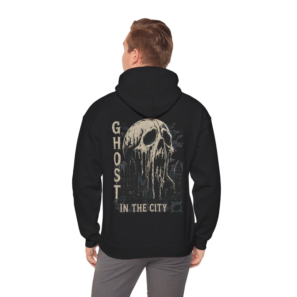 Ghost in the City Skull Hoodie in Black — model view