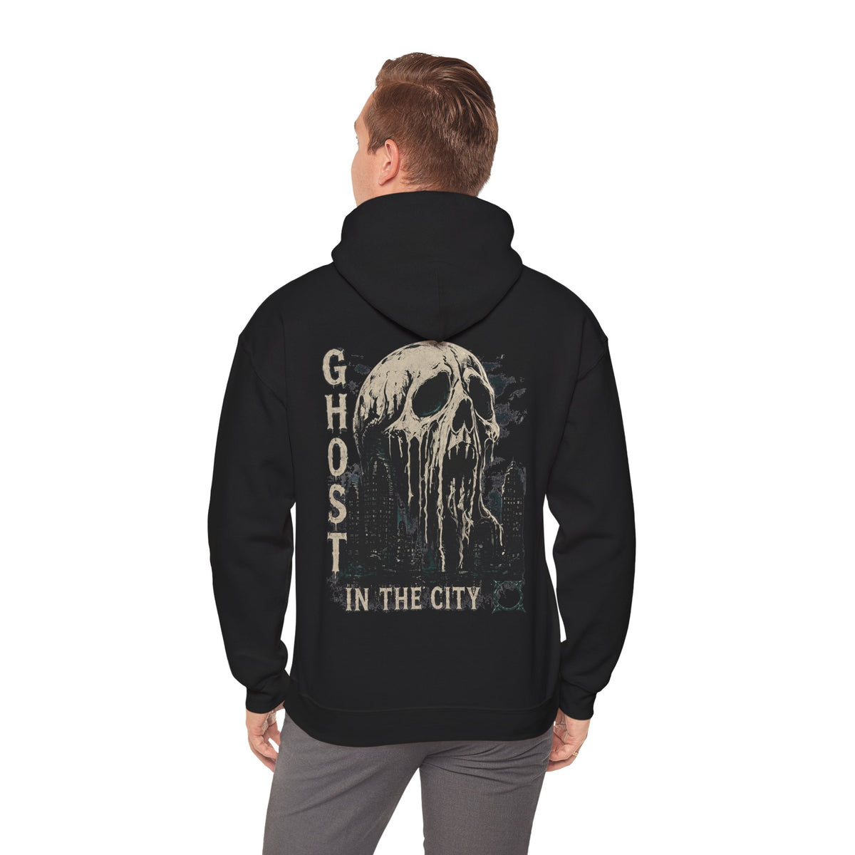 Ghost in the City Skull Hoodie in Black — model view