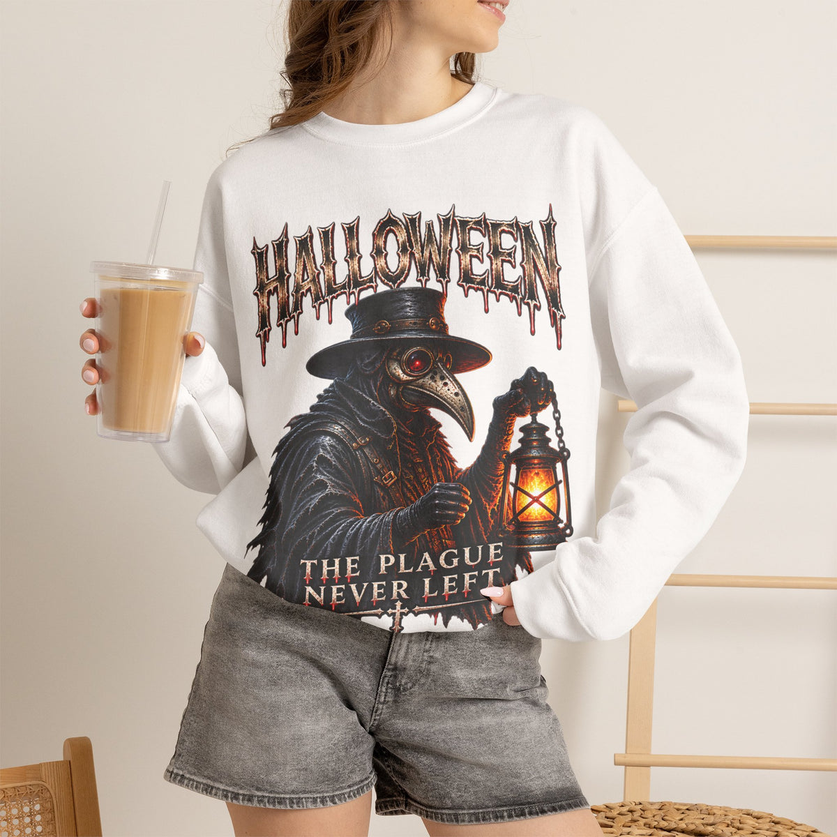 Last Lantern Plague Doctor Sweatshirt in White — model view