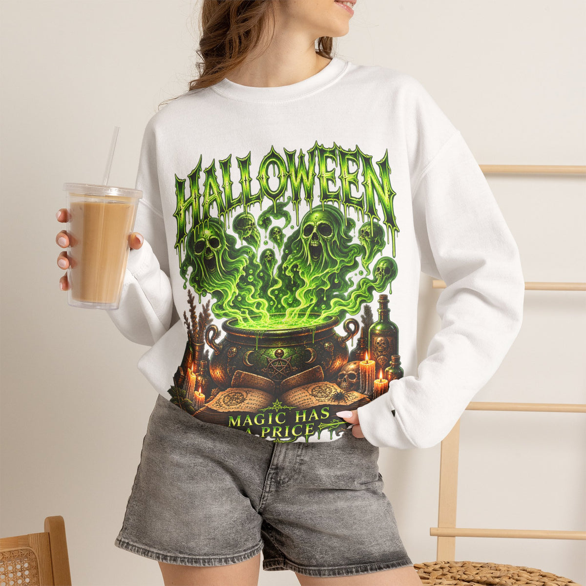 Magic Has a Price Cauldron Sweatshirt in White — model view