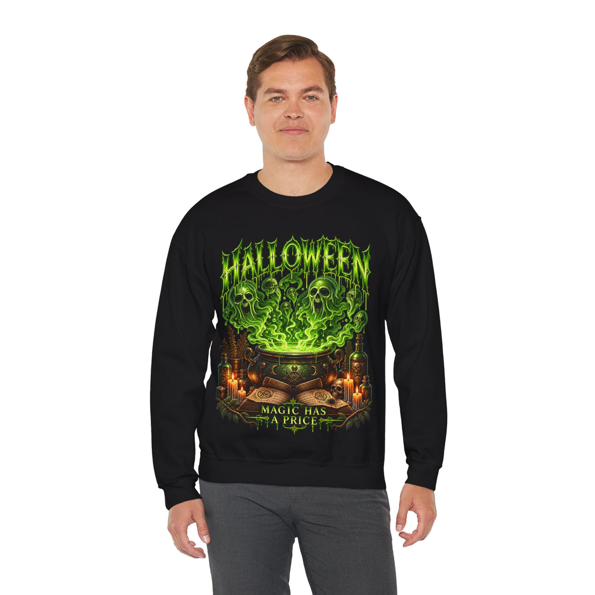 Magic Has a Price Cauldron Sweatshirt in Black — model view
