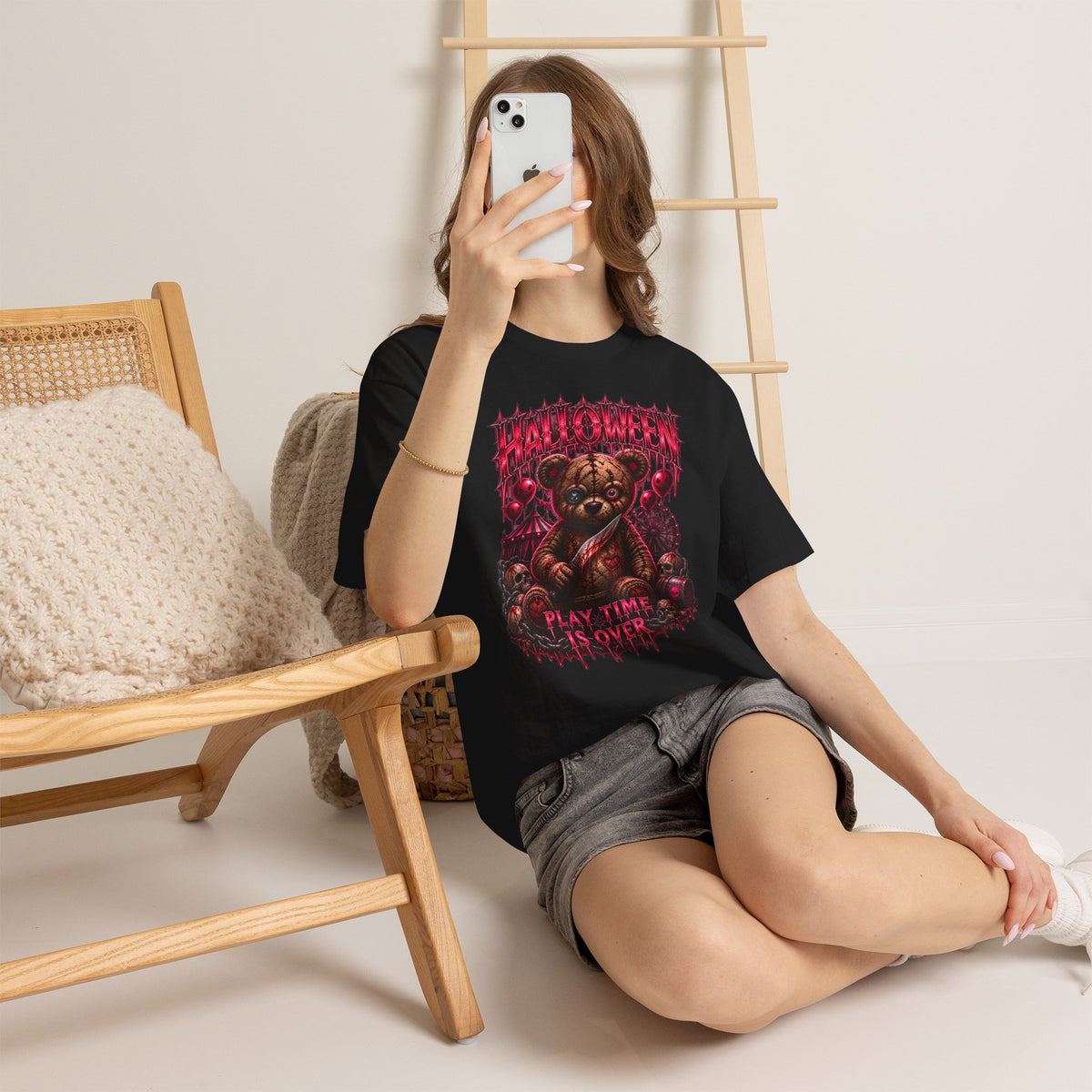 Playtime Is Over Creepy Teddy Bear T-Shirt in Black — model view