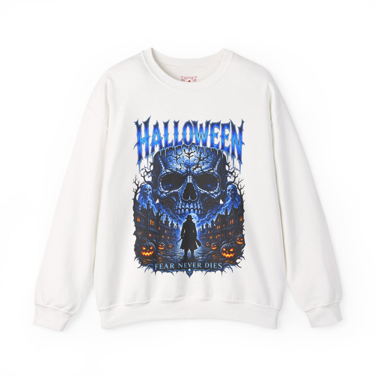 Fear Never Dies Skull Sweatshirt in White — front view