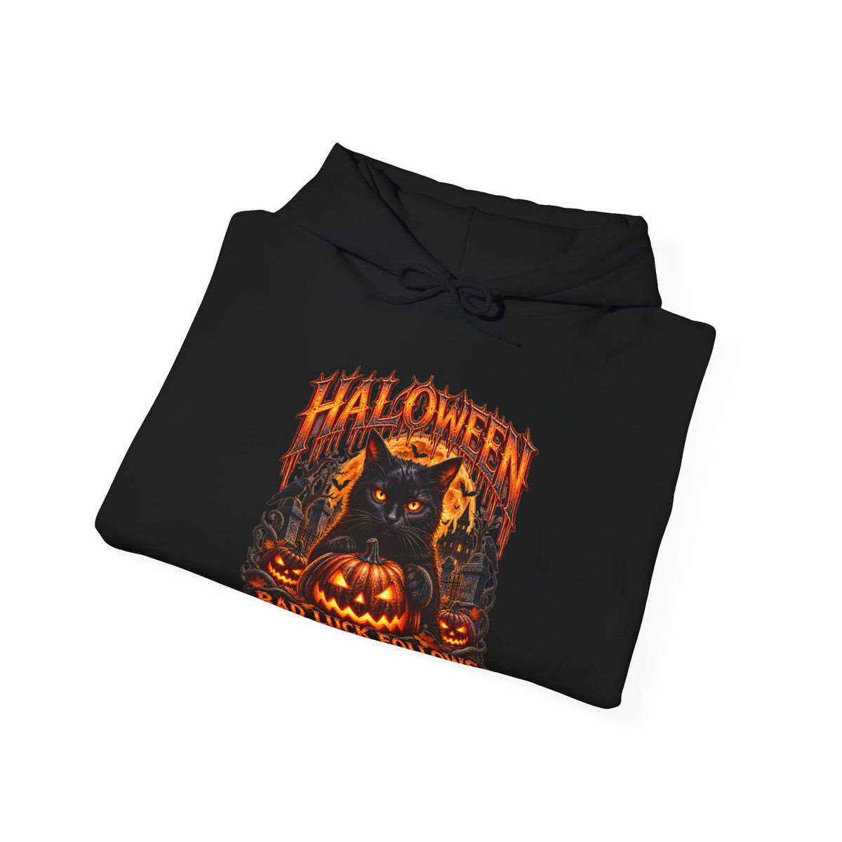 Bad Luck Follows Black Cat Hoodie in Black — folded view