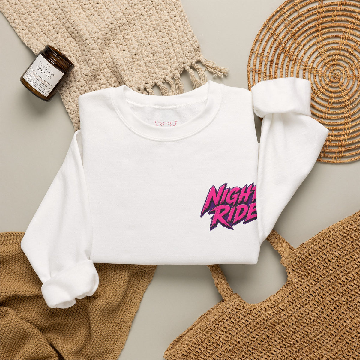 Night Ride Motorcycle Sweatshirt in White — folded view