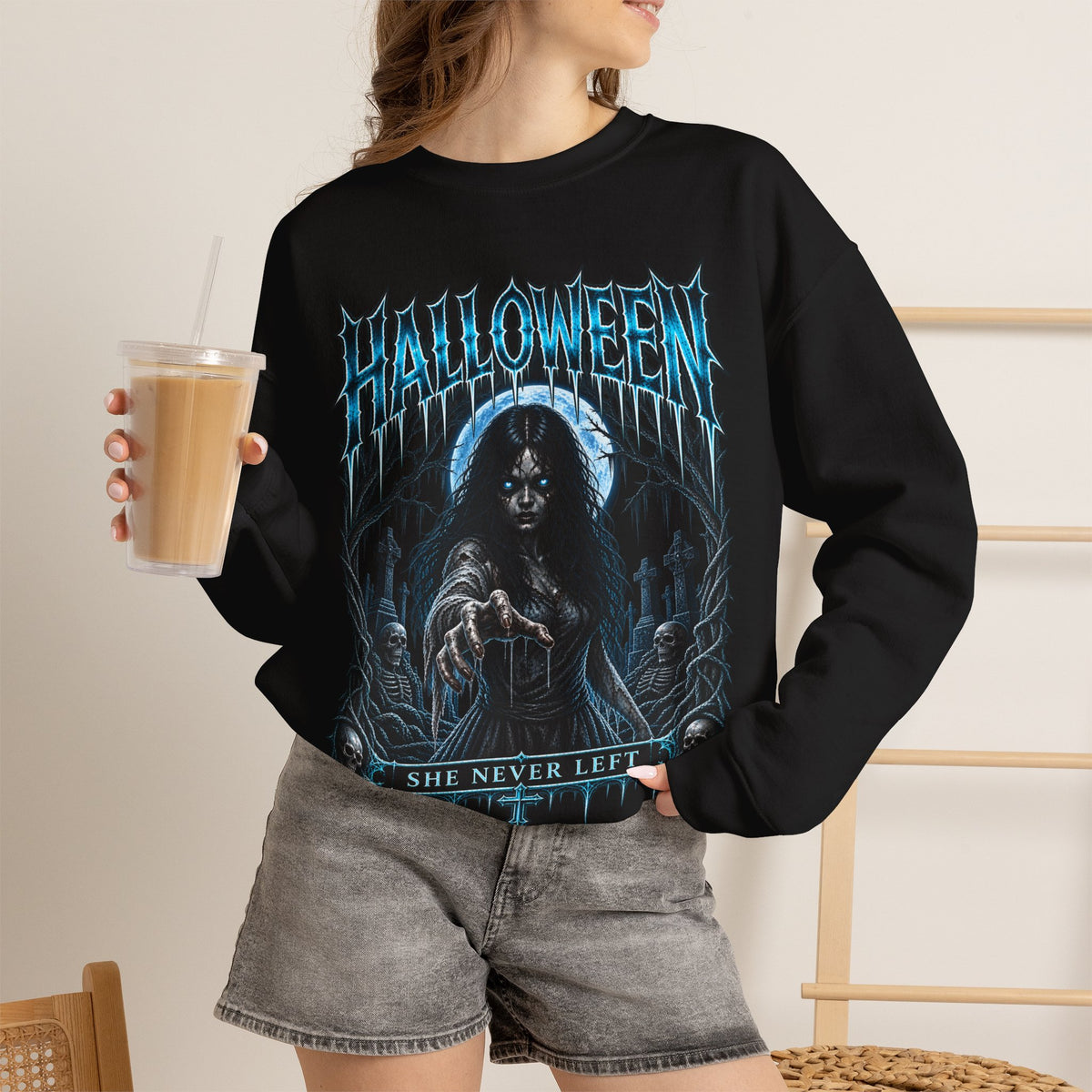She Never Left Ghost Sweatshirt in Black — model view