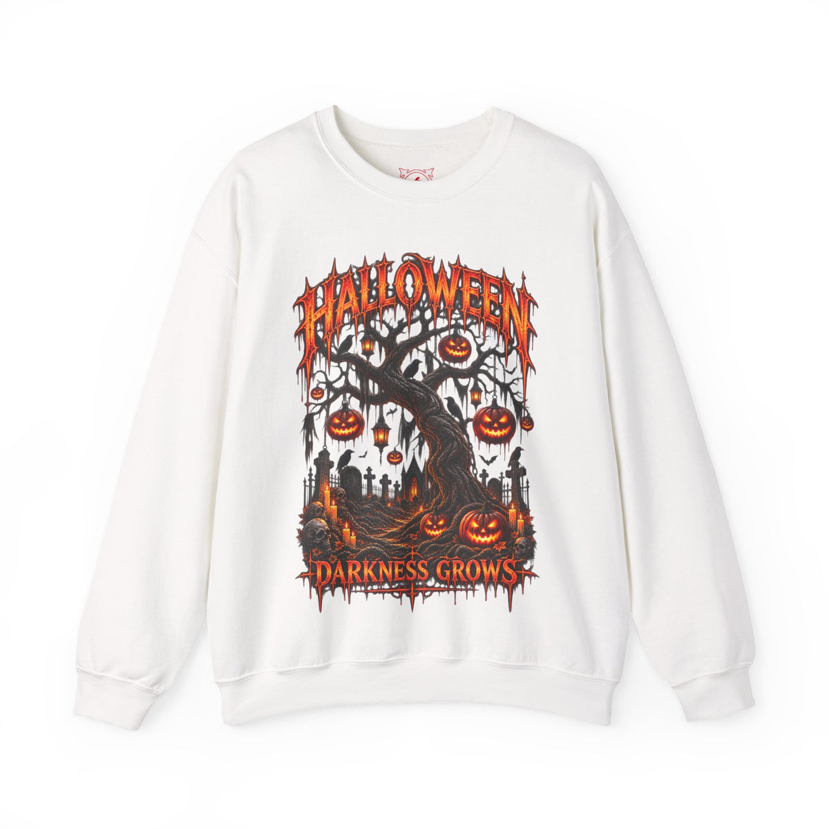 Darkness Grows Pumpkin Tree Sweatshirt in White — front view