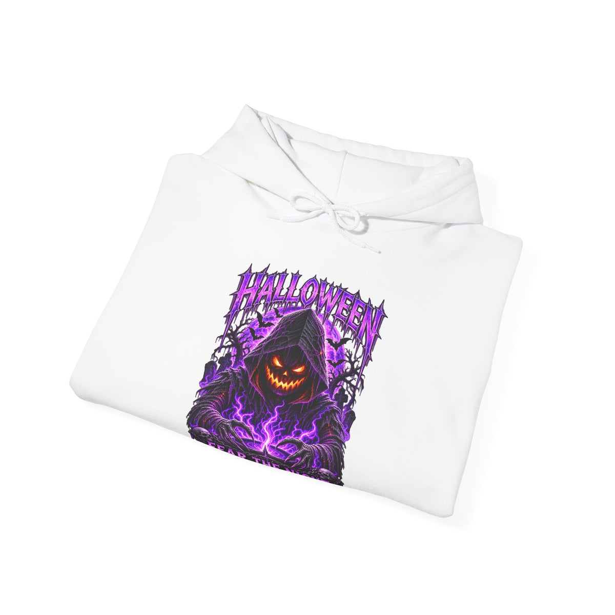 Fear the Night Pumpkin Hoodie in White — folded view