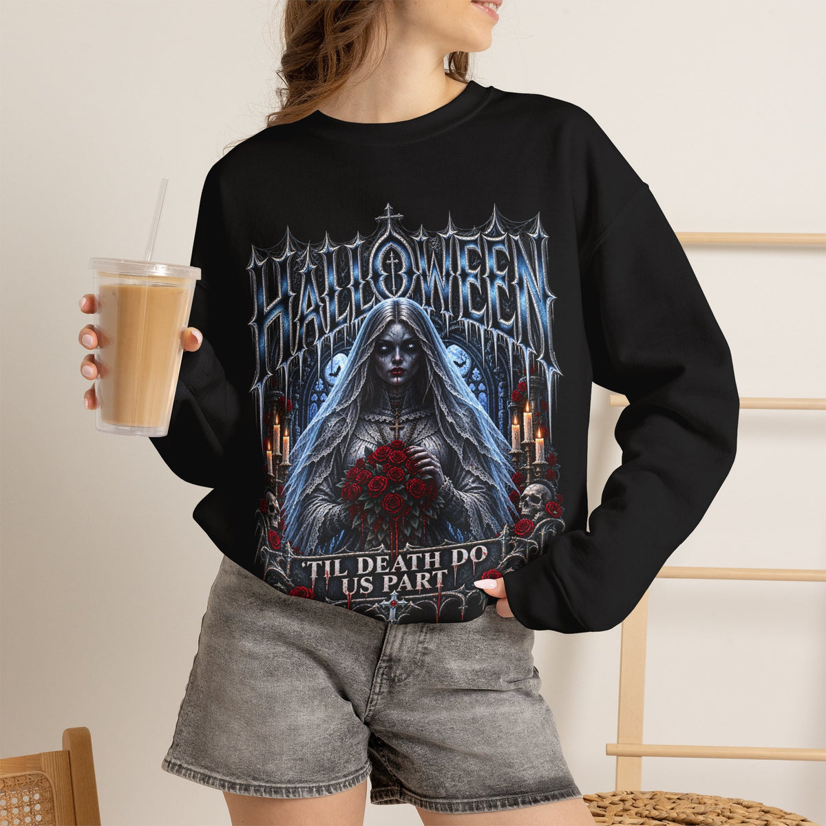 Midnight Vows Gothic Bride Sweatshirt in Black — model view