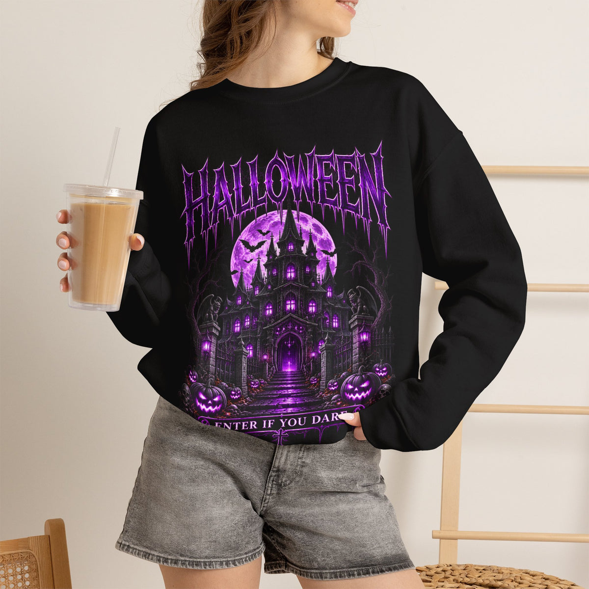 Enter If You Dare Haunted House Sweatshirt in Black — model view
