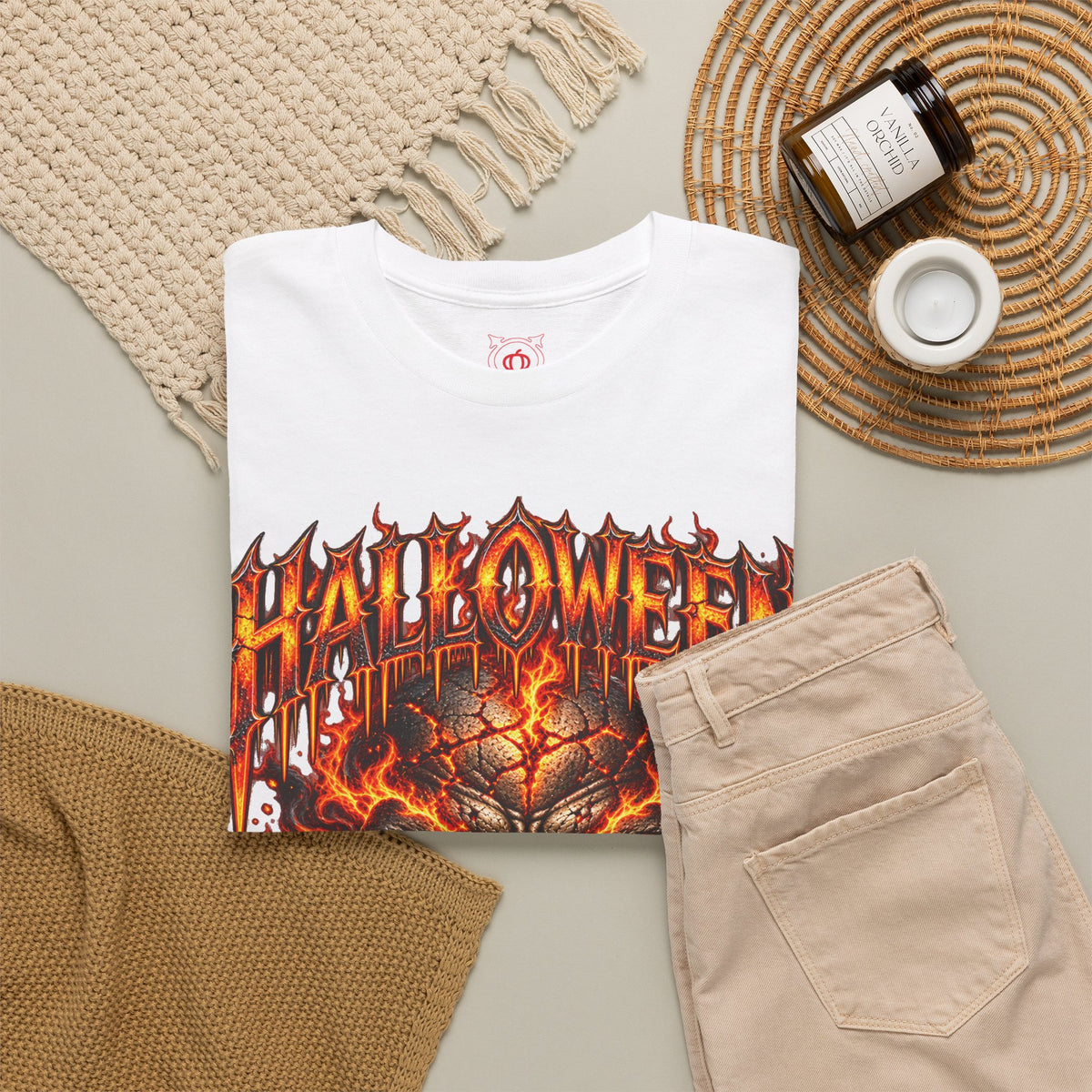 Born from Darkness Flaming Skull T-Shirt in White — folded view