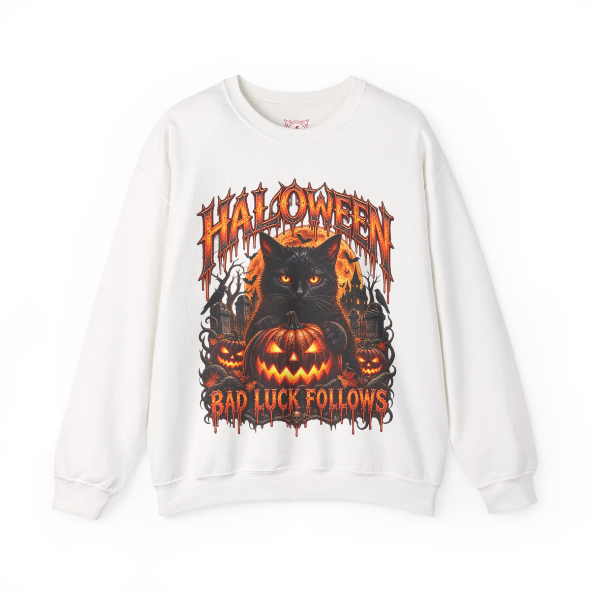 Bad Luck Follows Black Cat Sweatshirt in White — front view