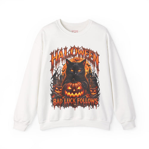 Bad Luck Follows Black Cat Sweatshirt in White — front view