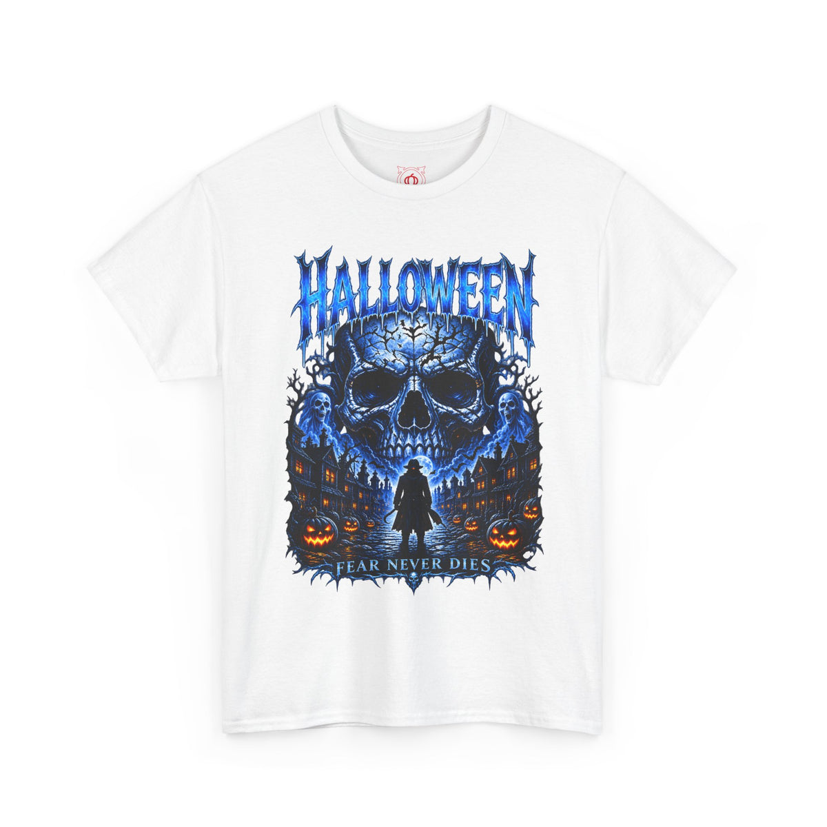 Fear Never Dies Skull T-Shirt in White — front view