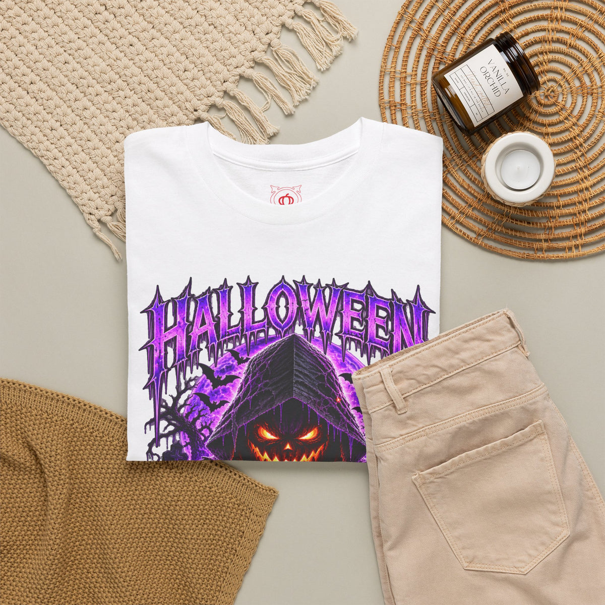 Fear the Night Pumpkin T-Shirt in White — folded view