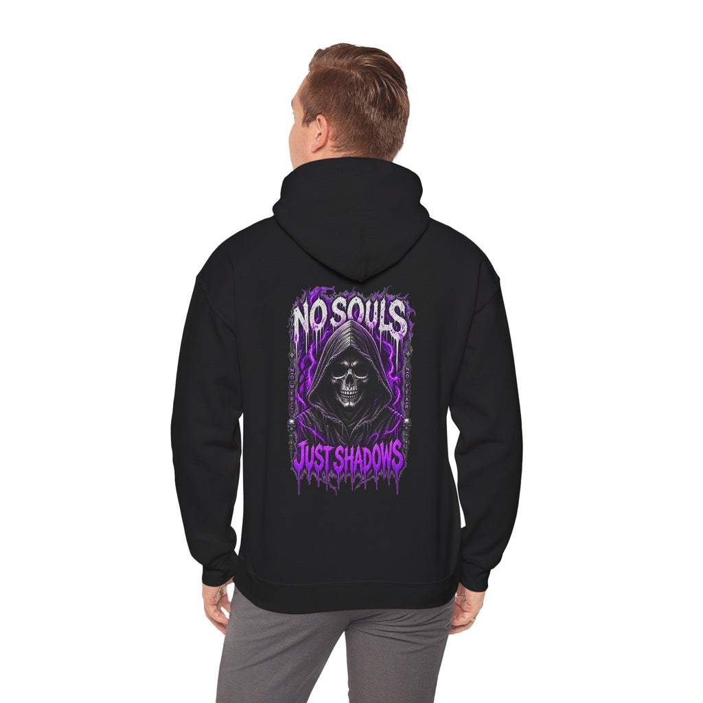 No Souls Just Shadows Grim Reaper Hoodie in Black — model view
