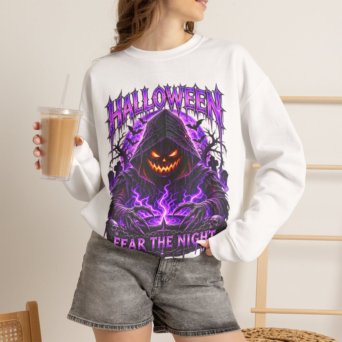 Fear the Night Pumpkin Sweatshirt in White — model view