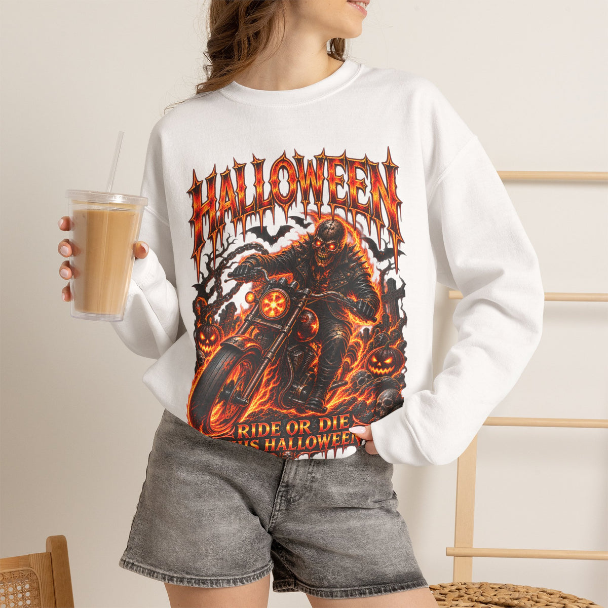 Ride or Die Skeleton Biker Sweatshirt in White — model view