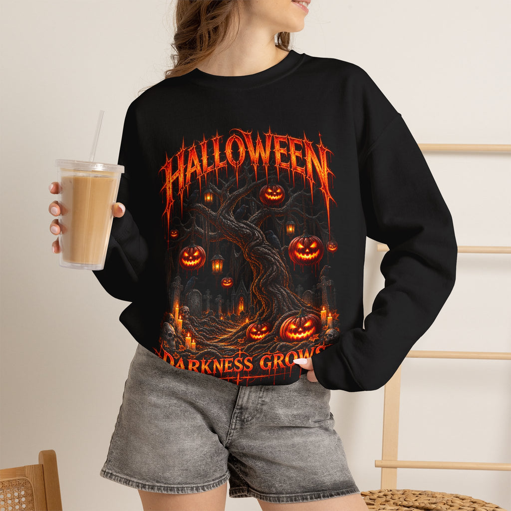 Darkness Grows Pumpkin Tree Sweatshirt in Black — model view