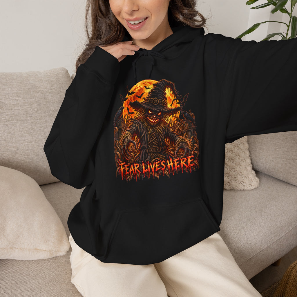 Fear Lives Here Scarecrow Hoodie in Black — model view
