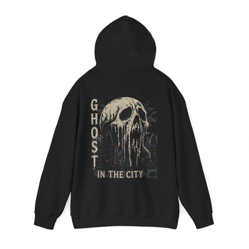 Ghost in the City Skull Hoodie in Black — back view