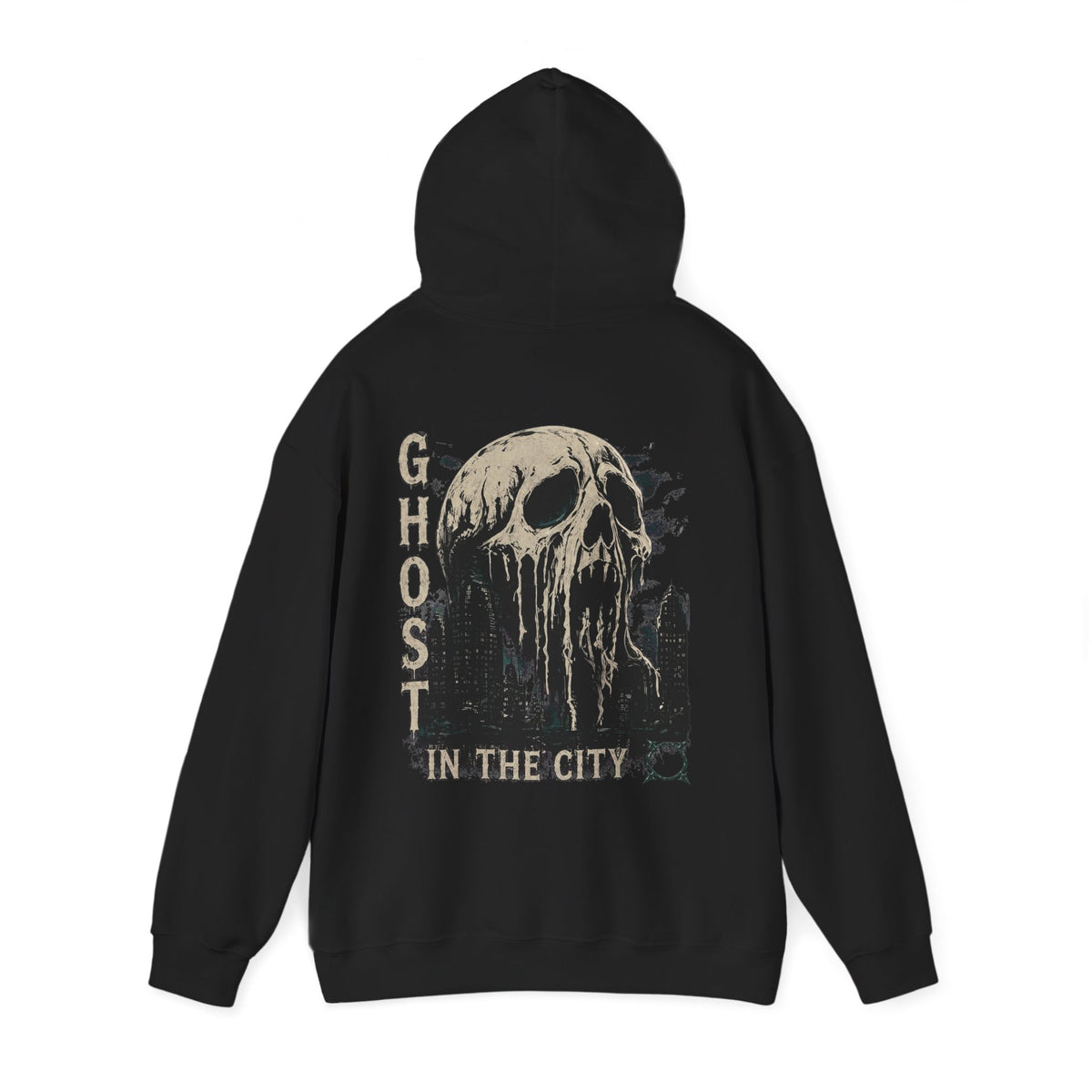 Ghost in the City Skull Hoodie in Black — back view