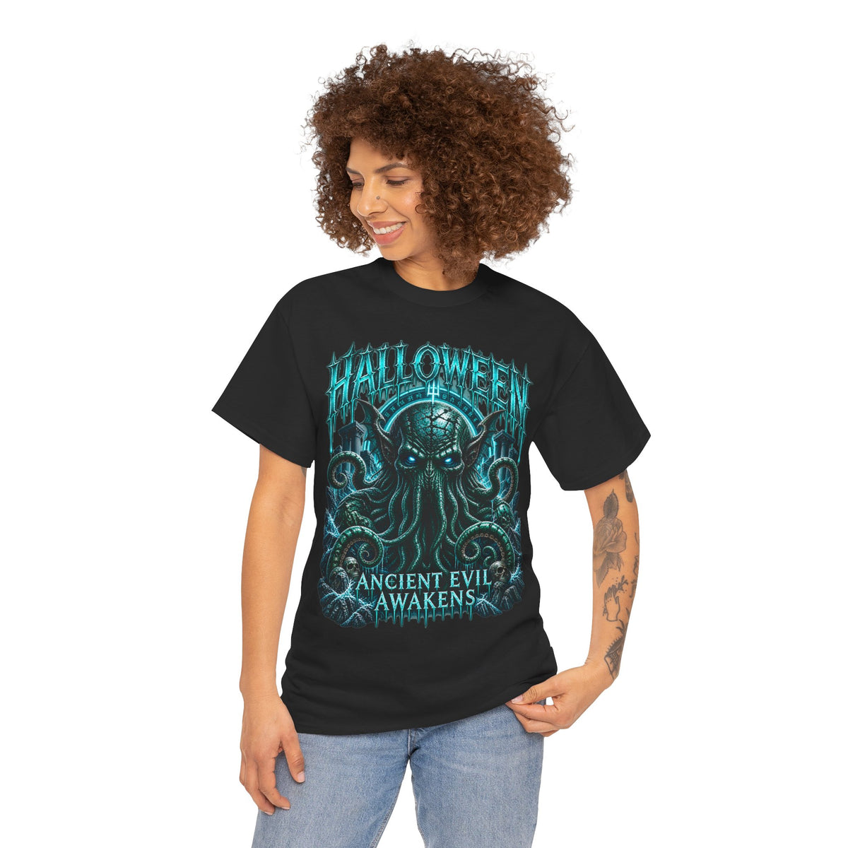 Ancient Awakening Tentacle Creature T-Shirt in Black — model view