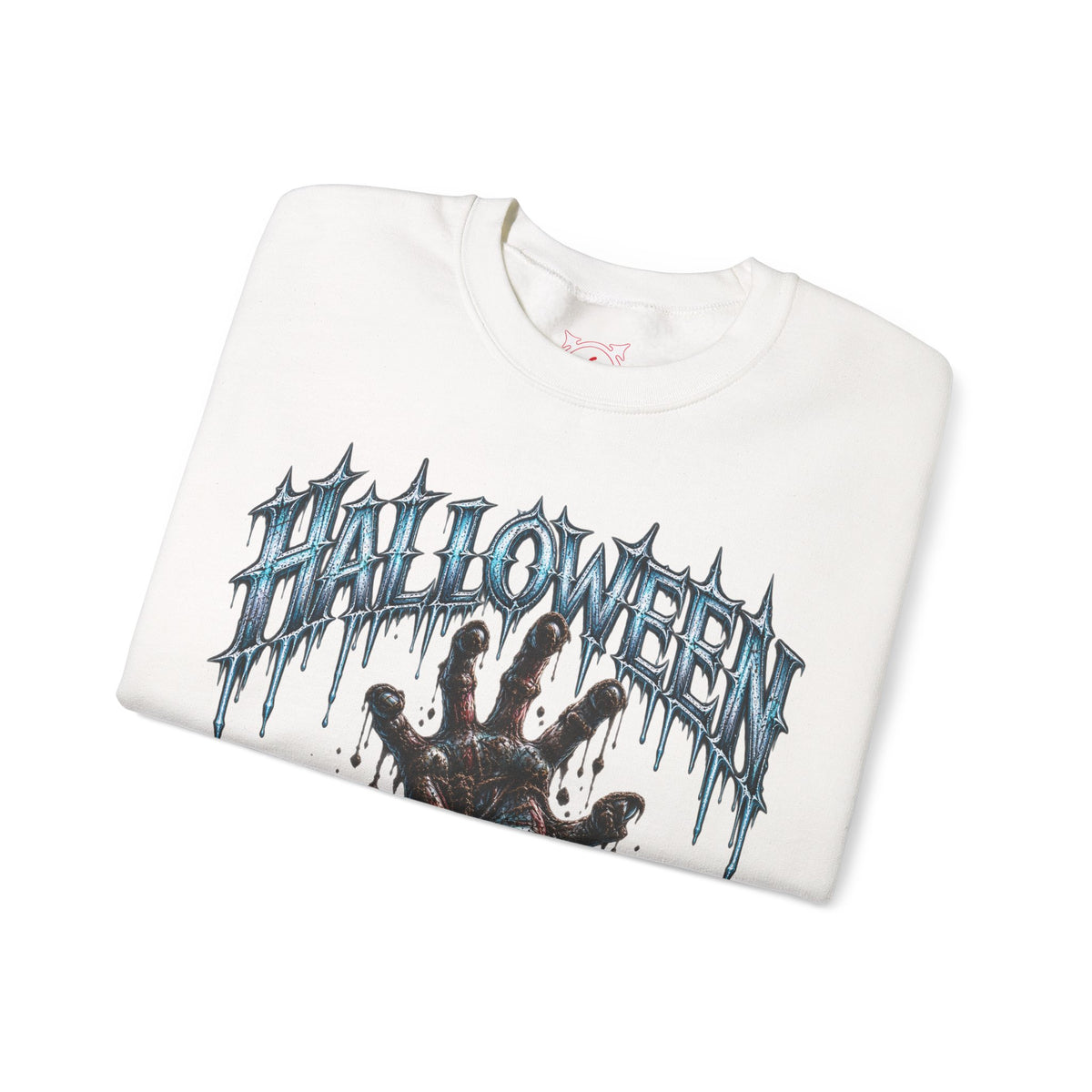 Never Stay Buried Zombie Hand Sweatshirt in White — folded view