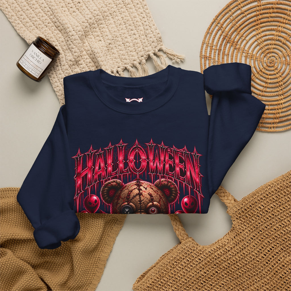 Playtime Is Over Creepy Teddy Bear Sweatshirt in Navy — folded view