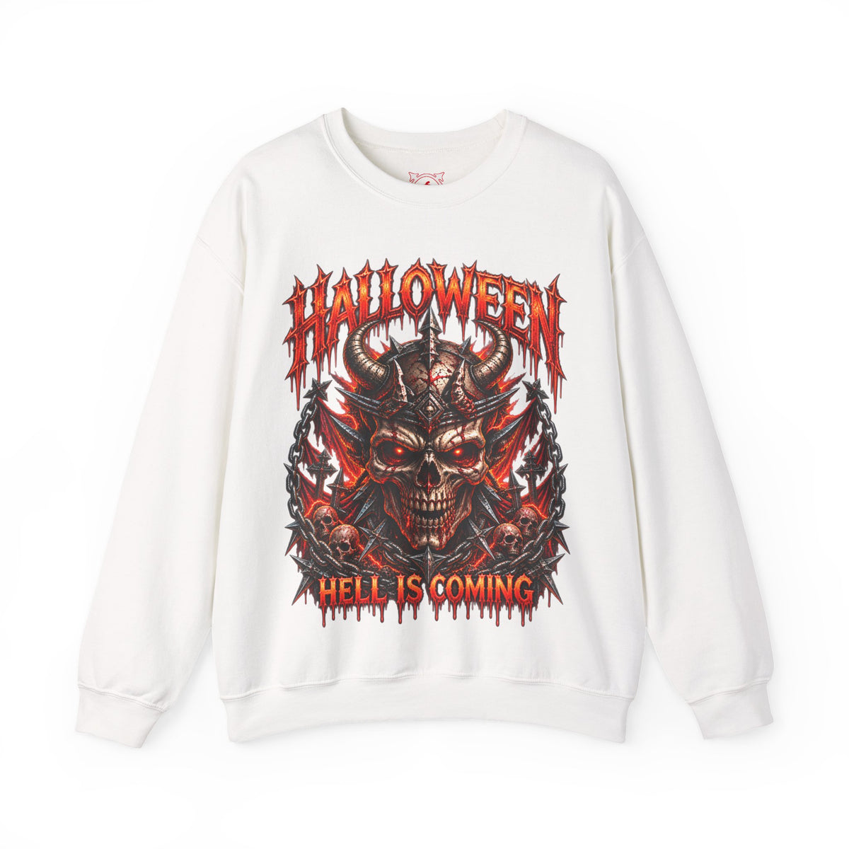 Hell Is Coming Horned Skull Sweatshirt in White — front view