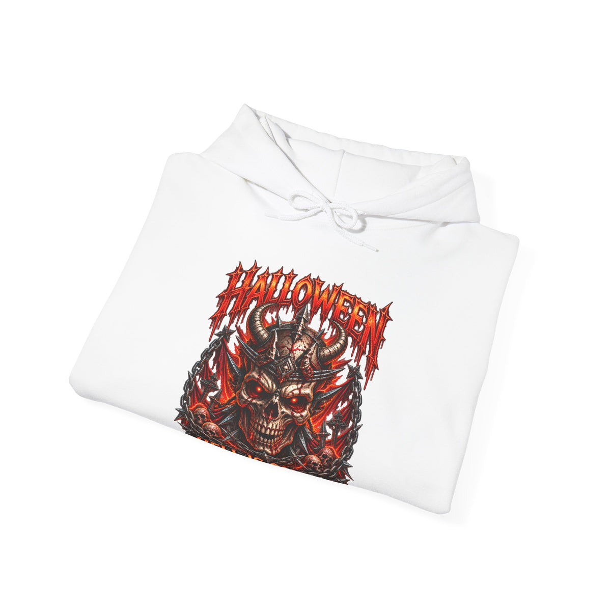 Hell Is Coming Horned Skull Hoodie in White — folded view