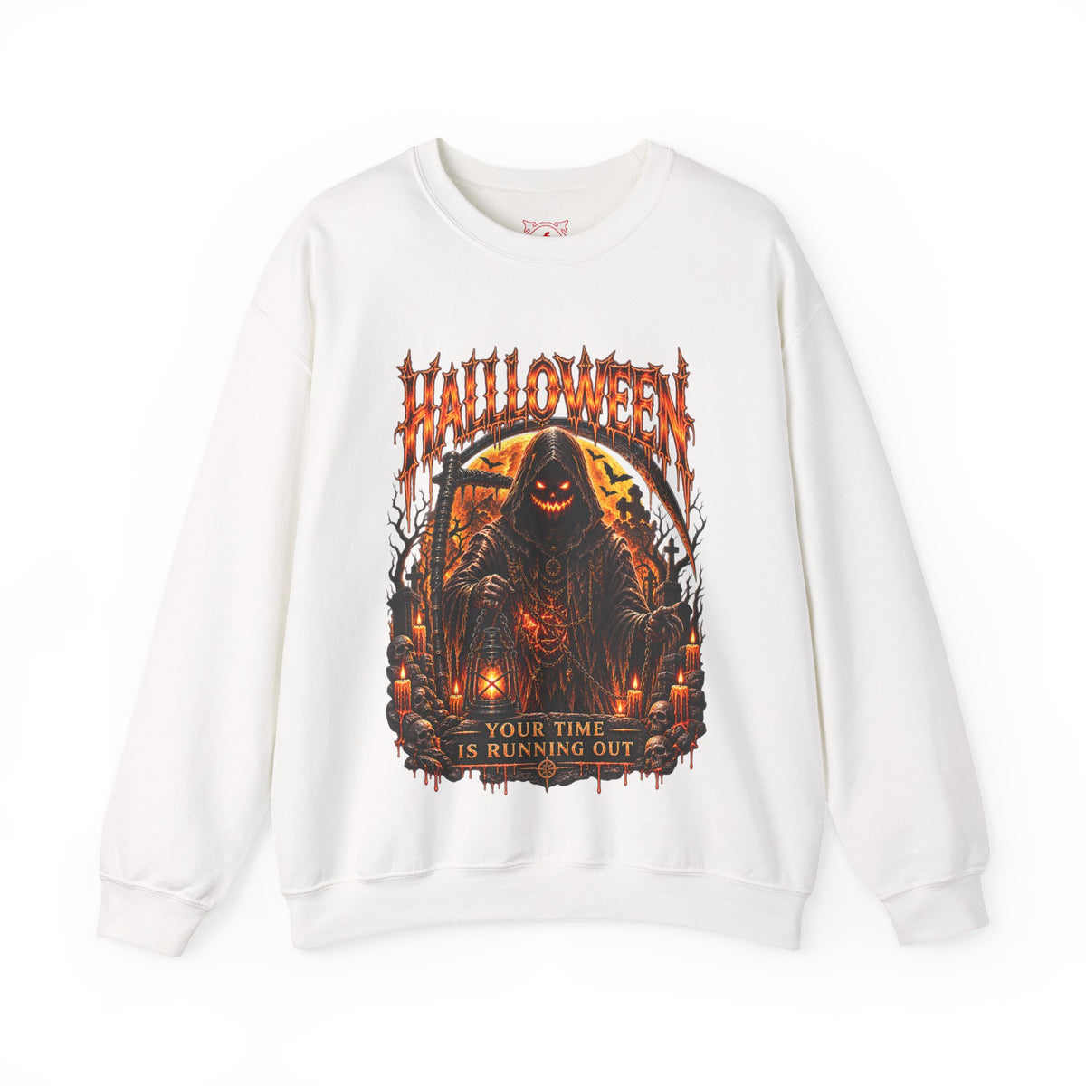 Time Is Running Out Grim Reaper Sweatshirt in White — front view