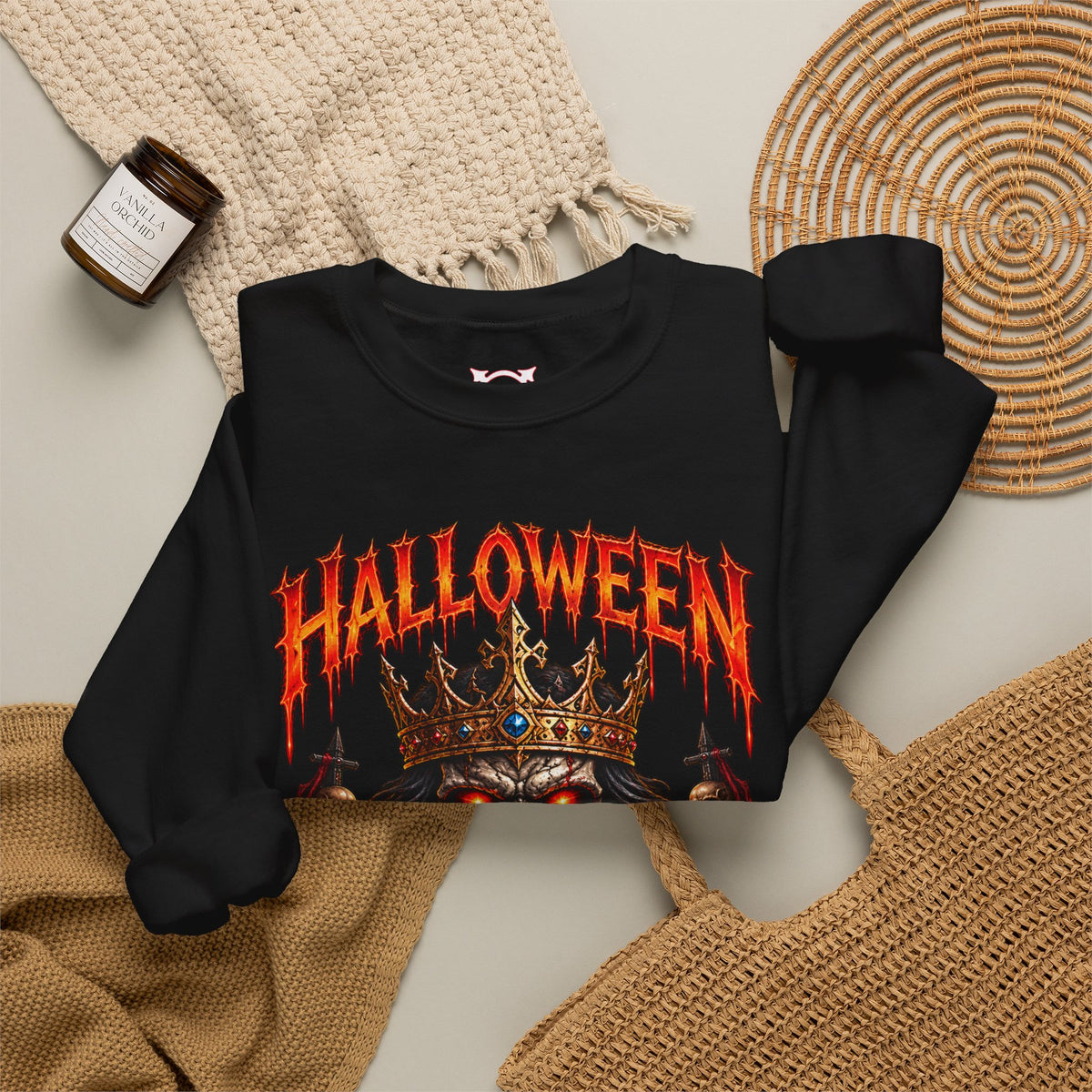 Crowned Terror Skeleton King Sweatshirt in Black — folded view