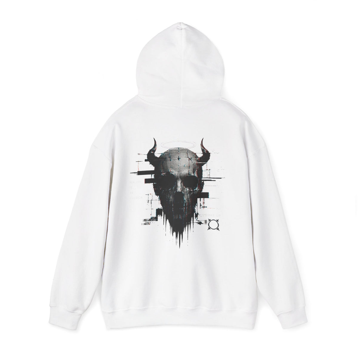 Reality Is an Illusion Glitch Skull Hoodie in White — back view