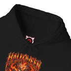 Born from Darkness Flaming Skull Hoodie in Black — front view