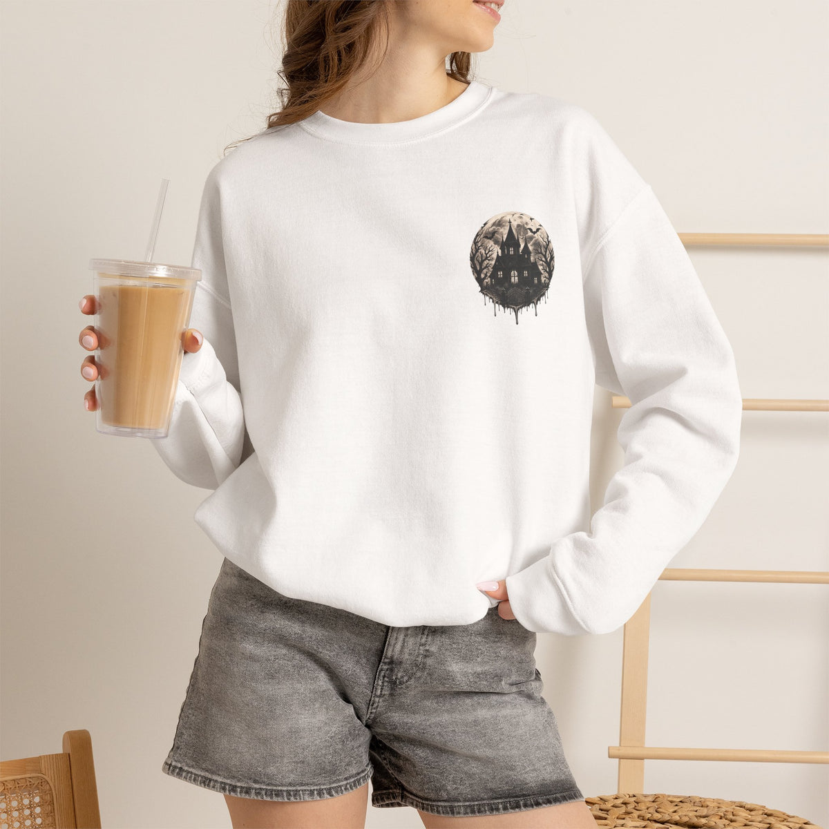 Moonlit House Sweatshirt in White — model view