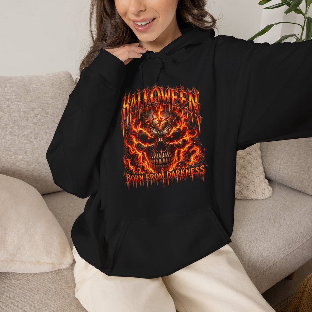 Born from Darkness Flaming Skull Hoodie in Black — model view