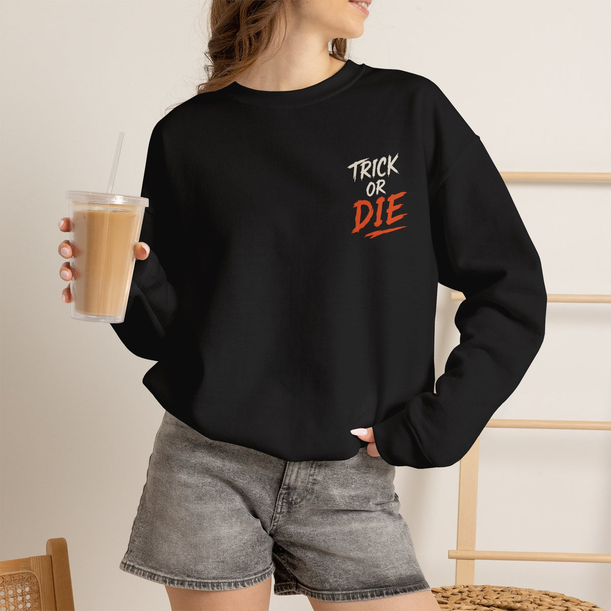 Trick or Die Halloween Sweatshirt in Black — model view
