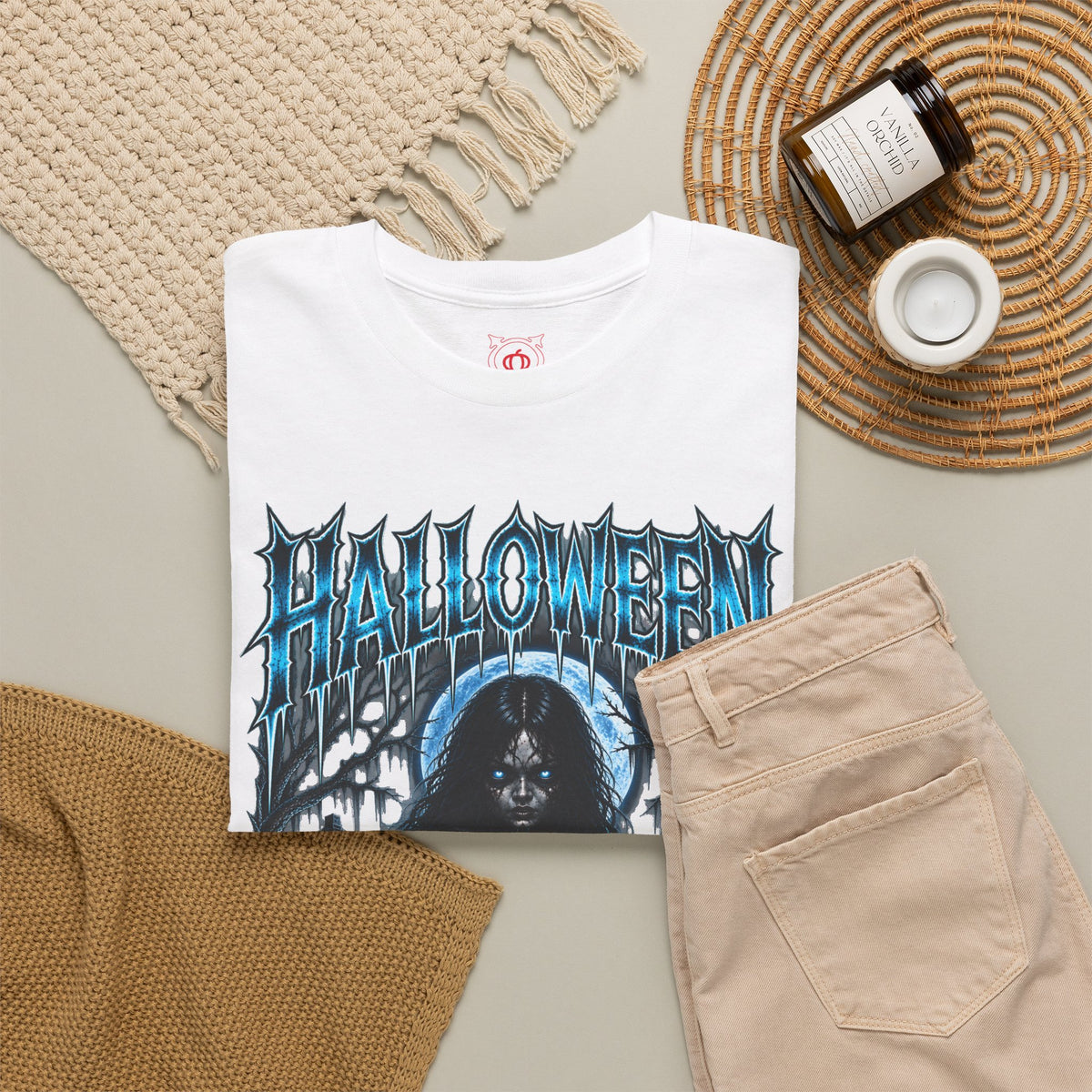 She Never Left Ghost T-Shirt in White — folded view