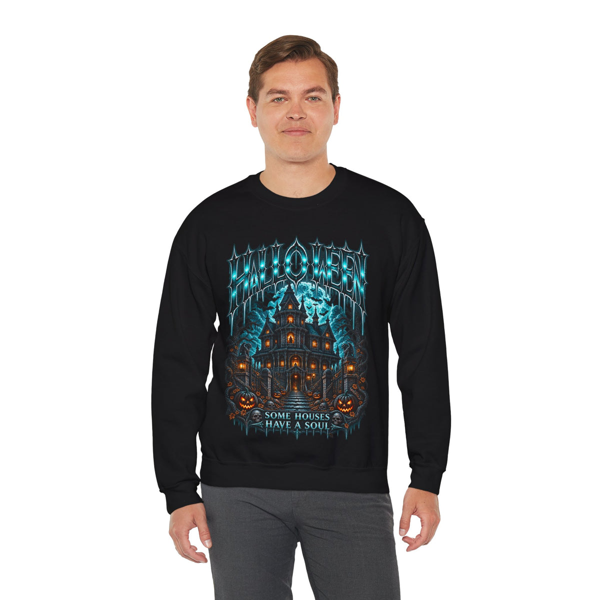 Midnight Manor Haunted House Sweatshirt in Black — model view
