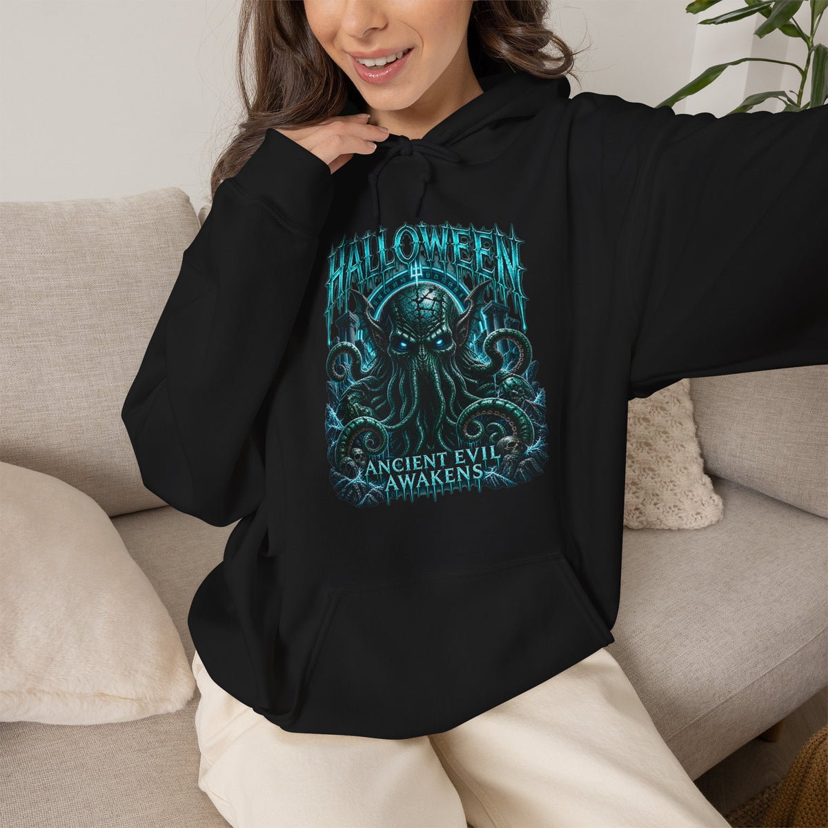 Ancient Awakening Tentacle Creature Hoodie in Black — model view