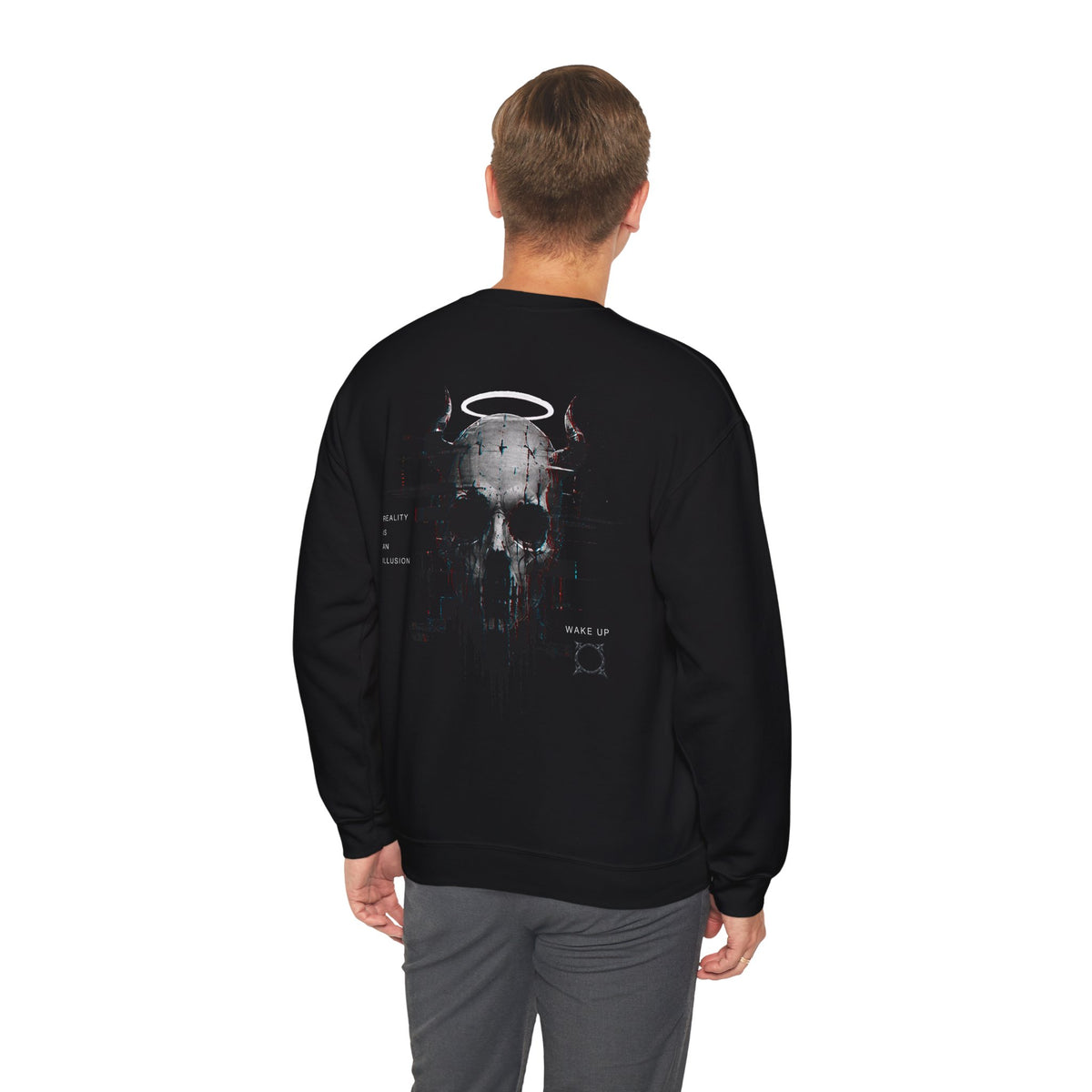 Reality Is an Illusion Glitch Skull Sweatshirt in Black — model view