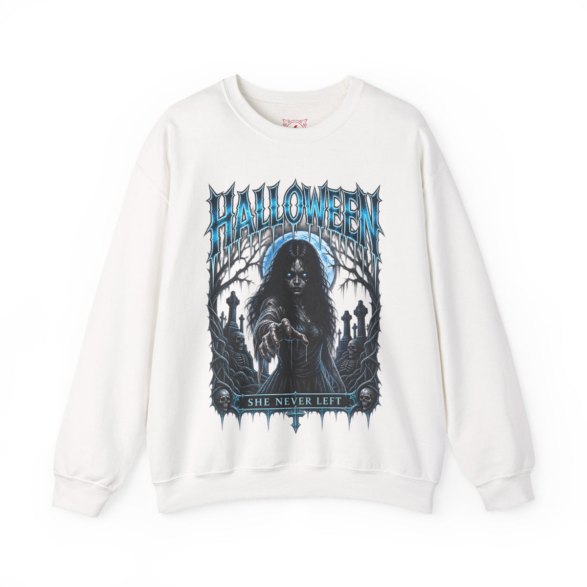 She Never Left Ghost Sweatshirt in White — front view