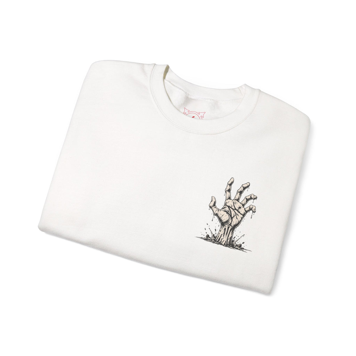 Still Reaching Zombie Hand Sweatshirt in White — folded view