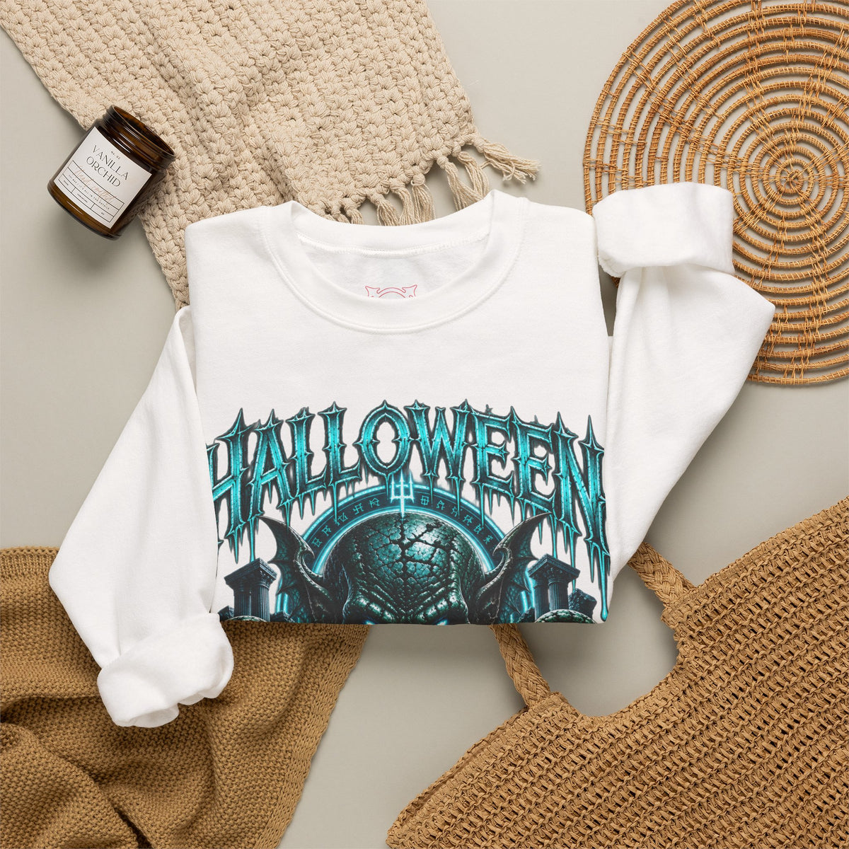 Ancient Awakening Tentacle Creature Sweatshirt in White — folded view