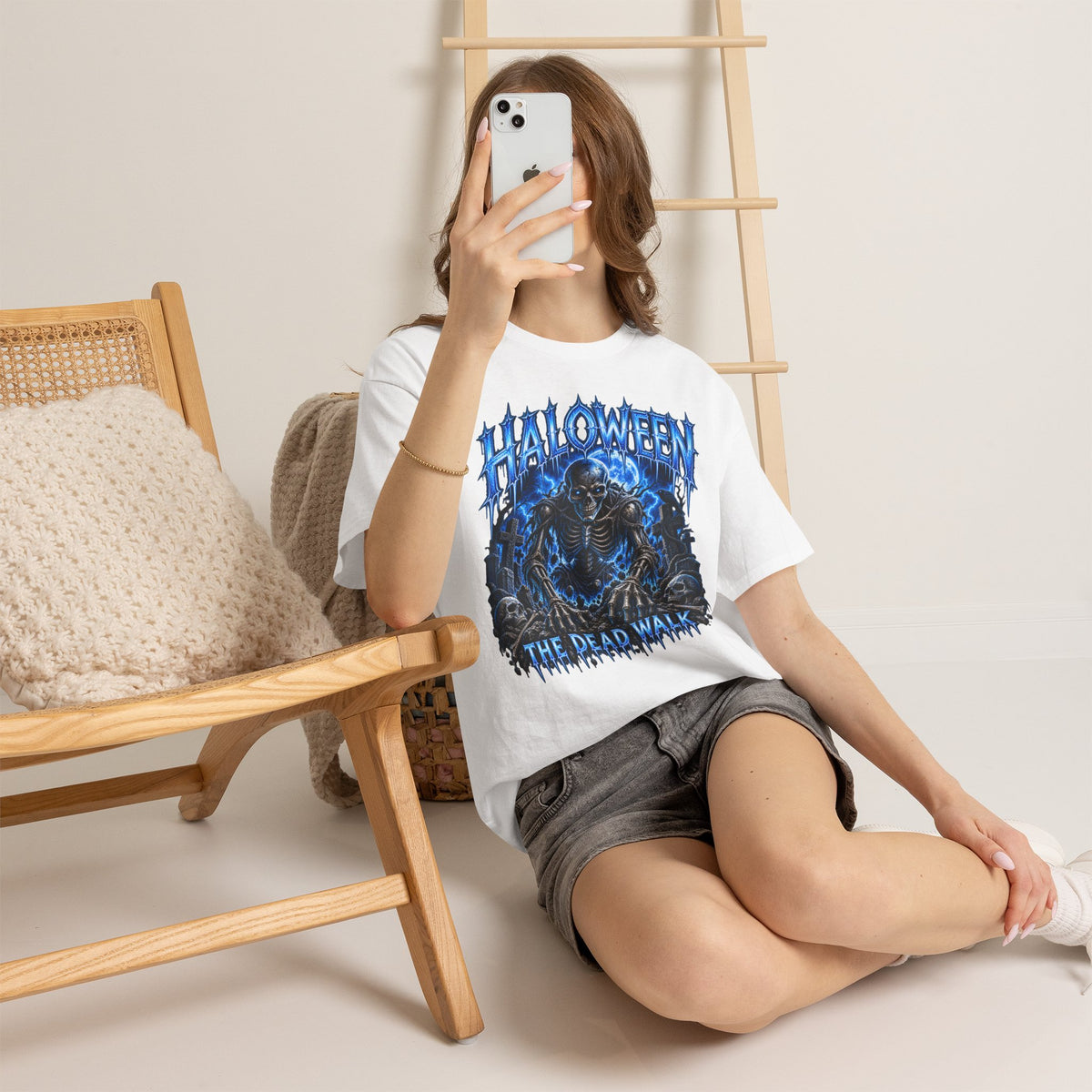The Dead Walk Skeleton T-Shirt in White — model view
