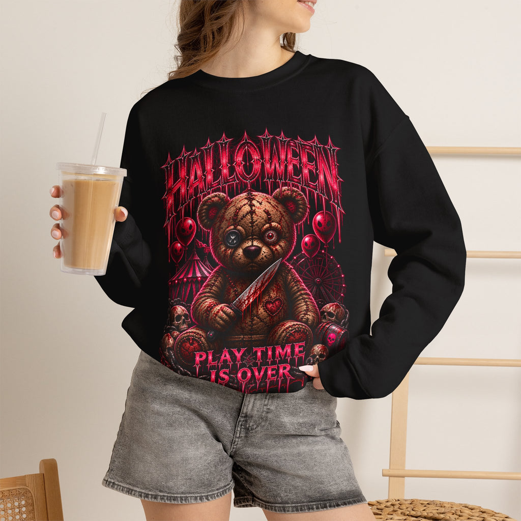 Playtime Is Over Creepy Teddy Bear Sweatshirt in Black — model view